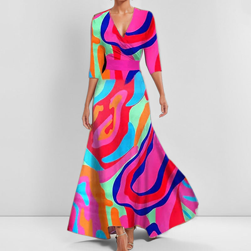 Vestido Longo com Estampado e Marcação de Cintura - Veron&Co