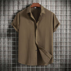 Camisa Solta em Algodão e Linho de Manga Curta