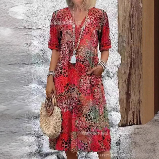 Vestido Longo em Renda com Decote em V e Manga Curta - Veron&Co