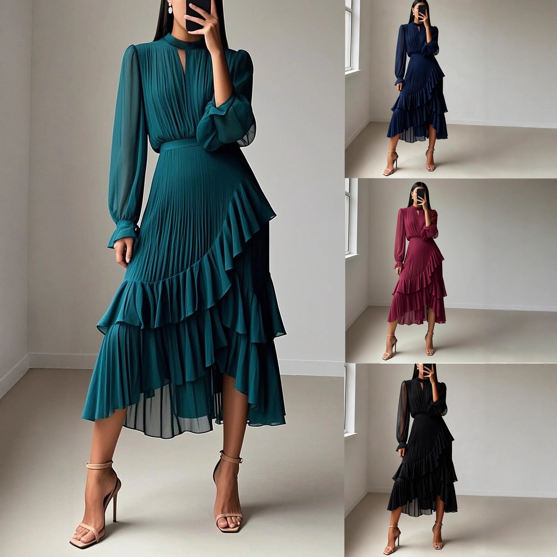 Vestido Midi com Folhos e Pregas - Veron&Co