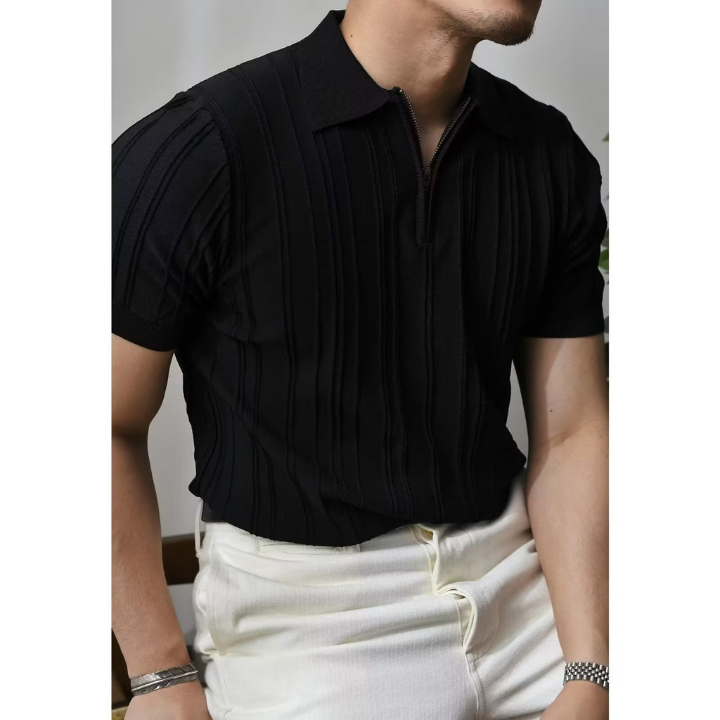 Polo Tricot com Fecho e Riscas Verticais Veron&Co, vista traseira