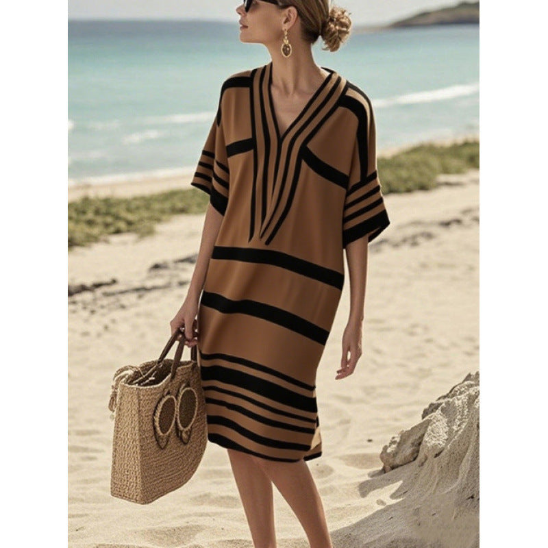 Vestido Midi com Estampado e Decote em V - Veron&Co