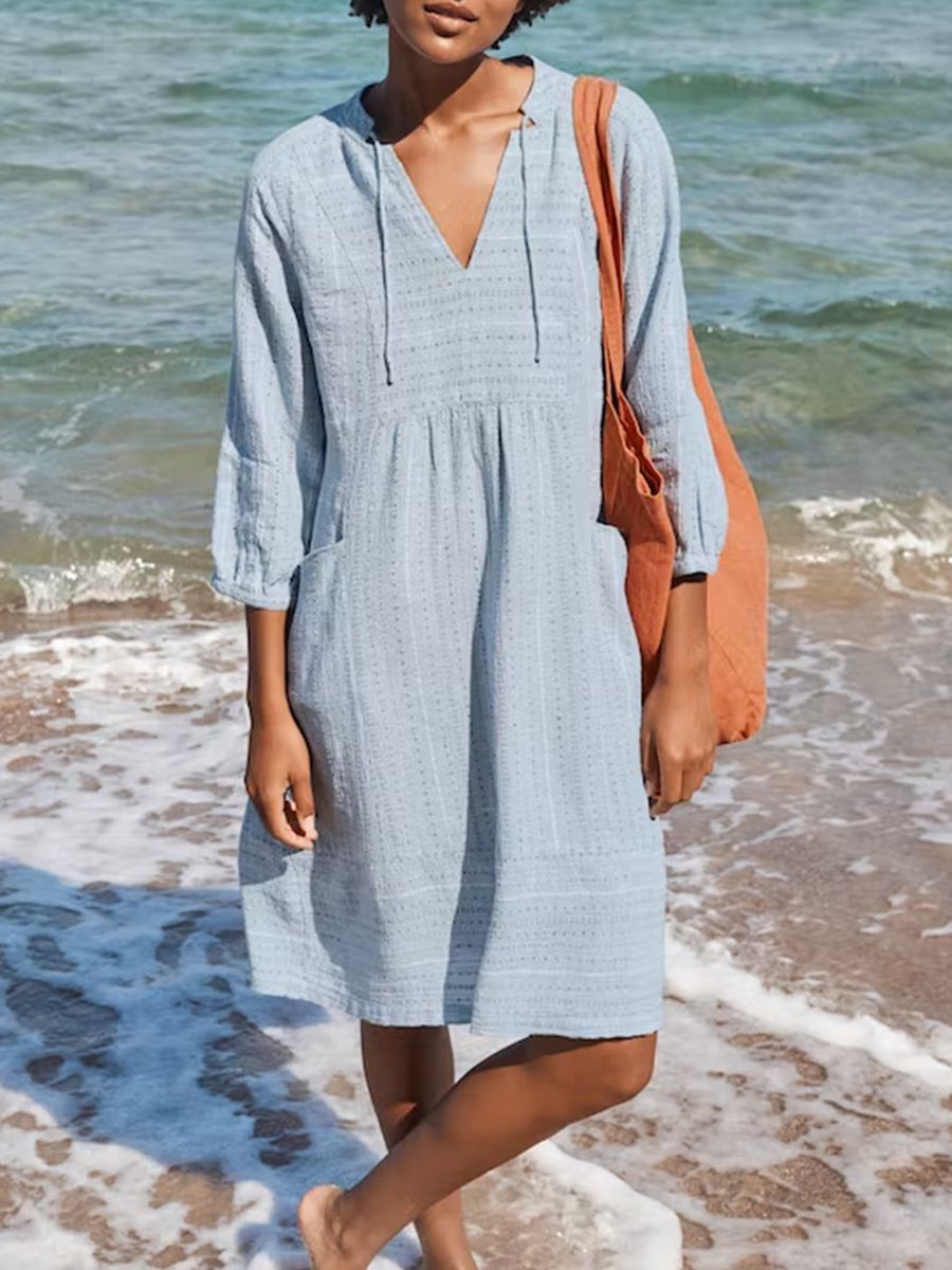 Vestido em Algodão e Linho com Decote em V - Veron&Co