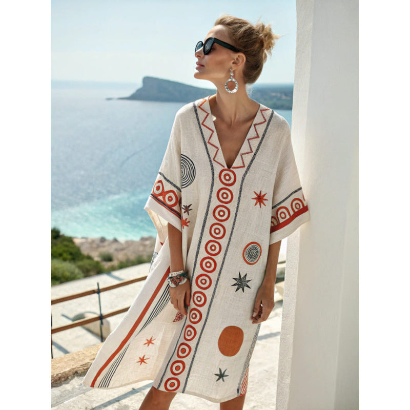 Vestido Midi com Estampado e Decote em V - Veron&Co