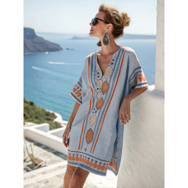 Vestido Midi com Estampado e Decote em V - Veron&Co