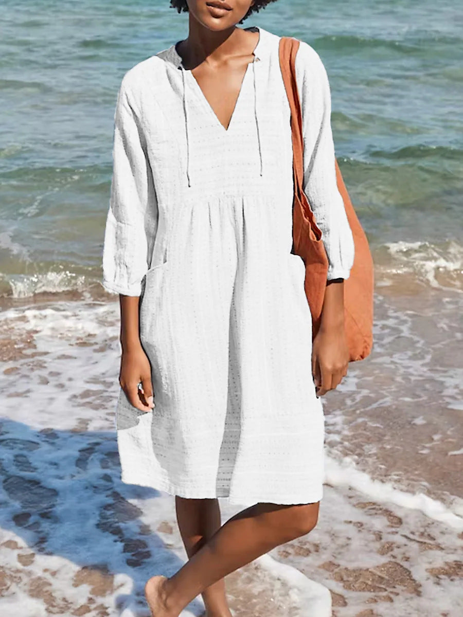 Vestido em Algodão e Linho com Decote em V - Veron&Co
