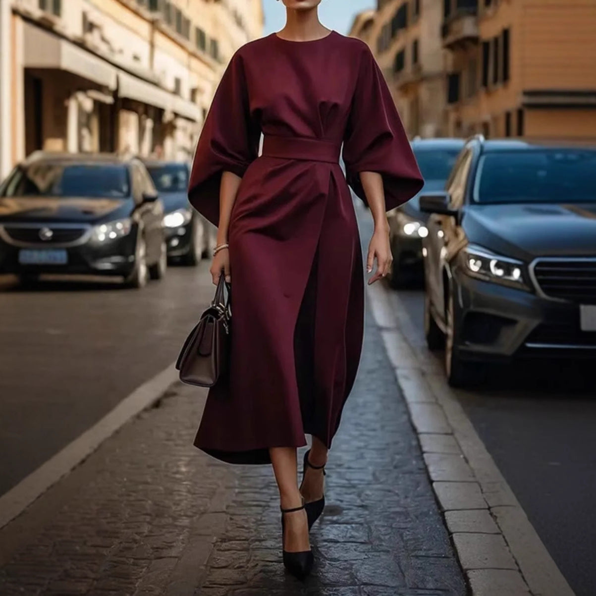 Vestido Longo com Marcação de Cintura e Manga Morcego - Veron&Co