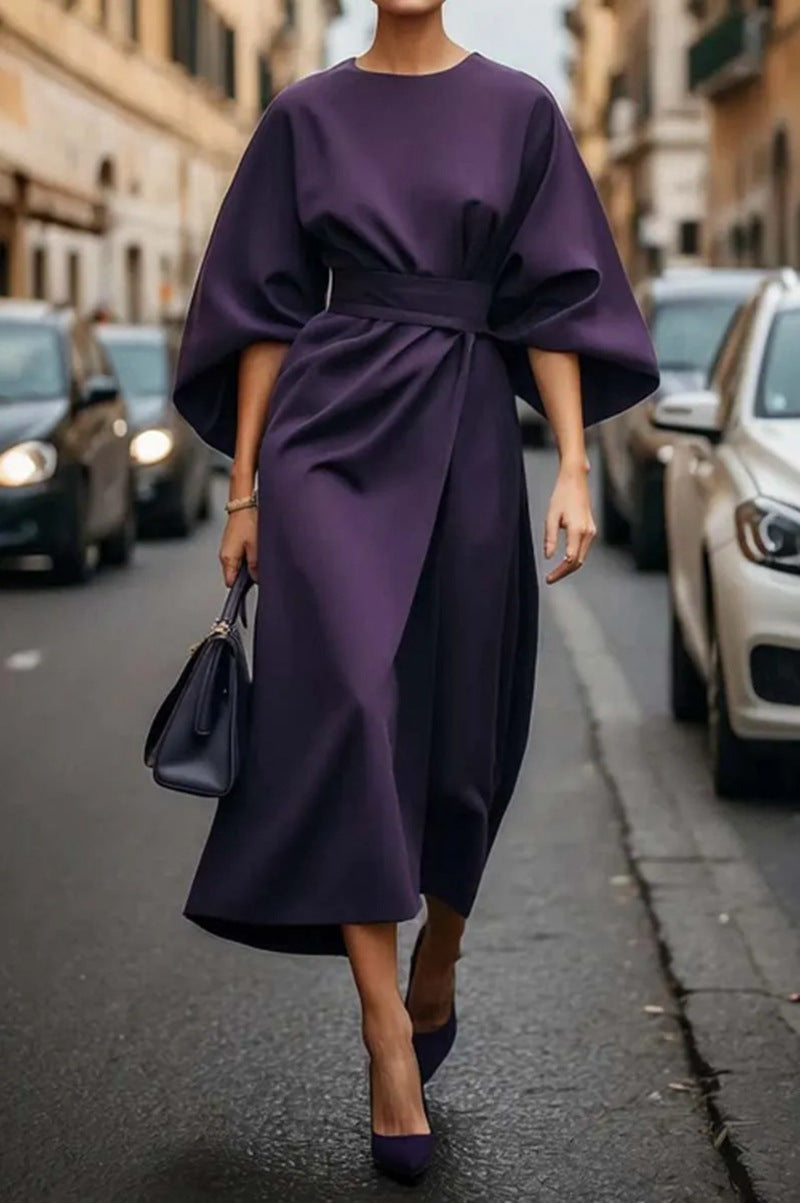 Vestido Longo com Marcação de Cintura e Manga Morcego - Veron&Co