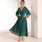 Vestido Longo com Decote em V e Manga Evasê - Veron&Co