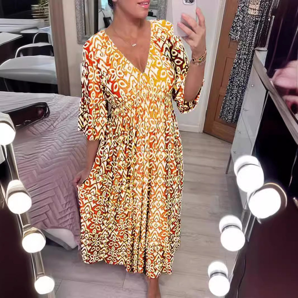 Vestido Longo com Estampado e Decote em V - Veron&Co