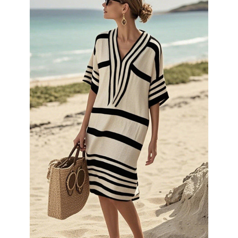 Vestido Midi com Estampado e Decote em V - Veron&Co