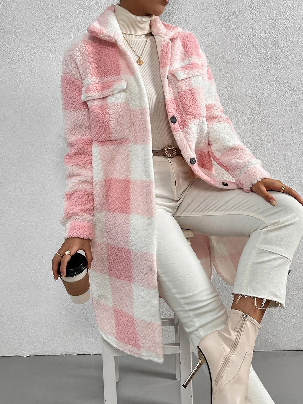 Plaid Teddy Coat with Lapels