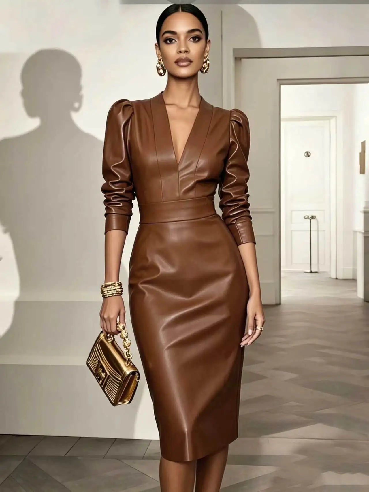 Vestido em Pele com Corte Justo e Manga Comprida - Veron&Co