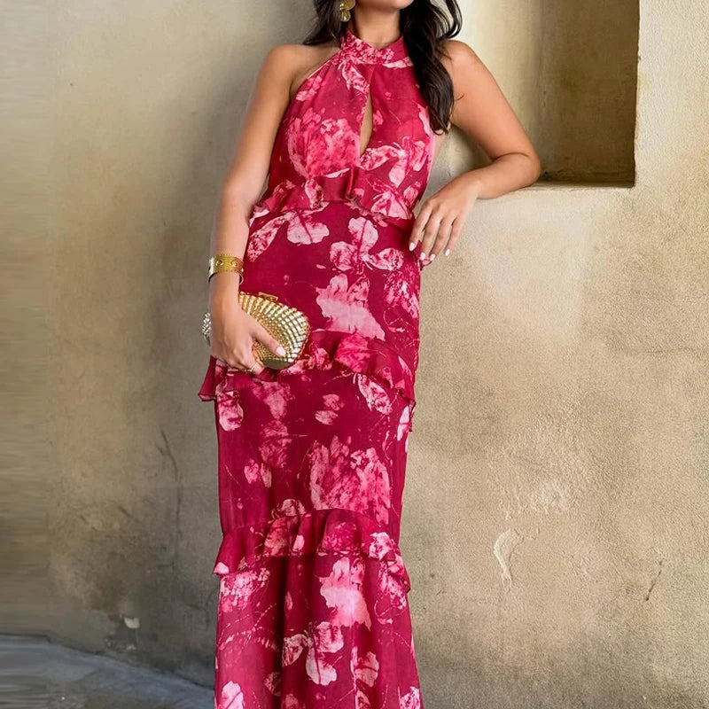 Vestido Longo com Recortes Vazados e Folhos - Veron&Co
