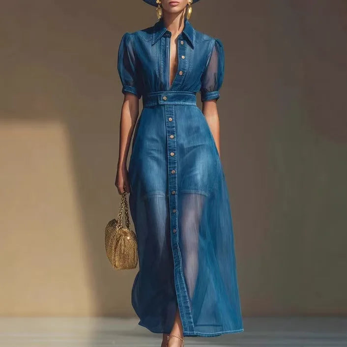 Vestido Longo em Ganga com Gola Lapela e Cinto - Veron&Co