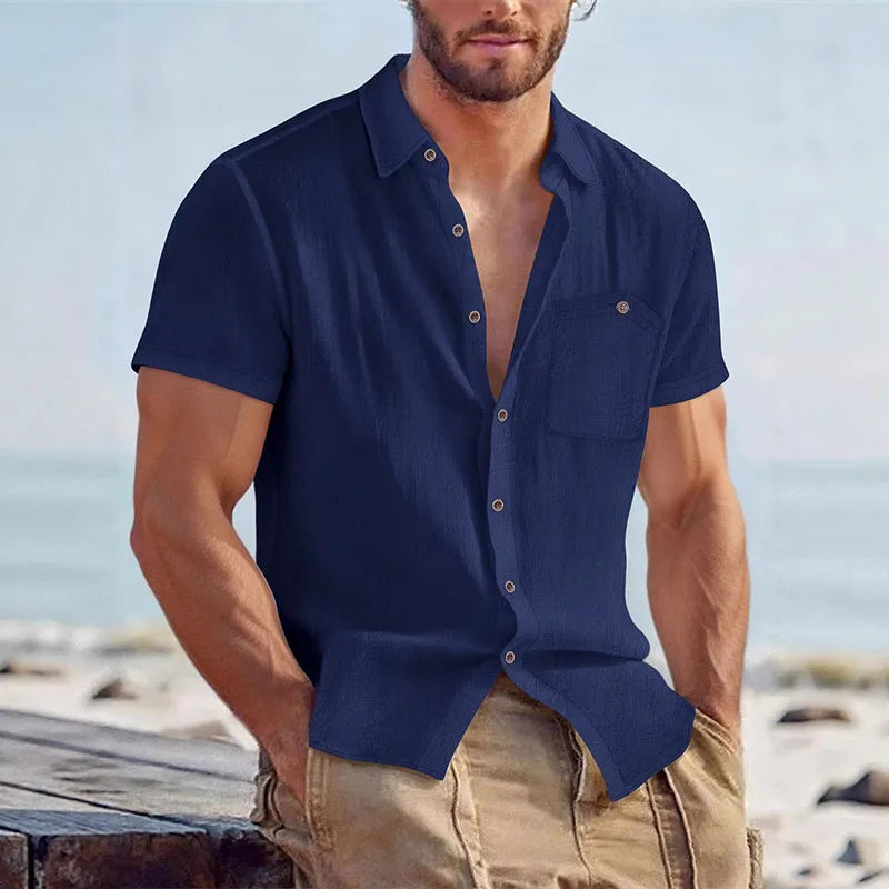Camisa em Linho de Manga Curta Veron&Co, vista de perto