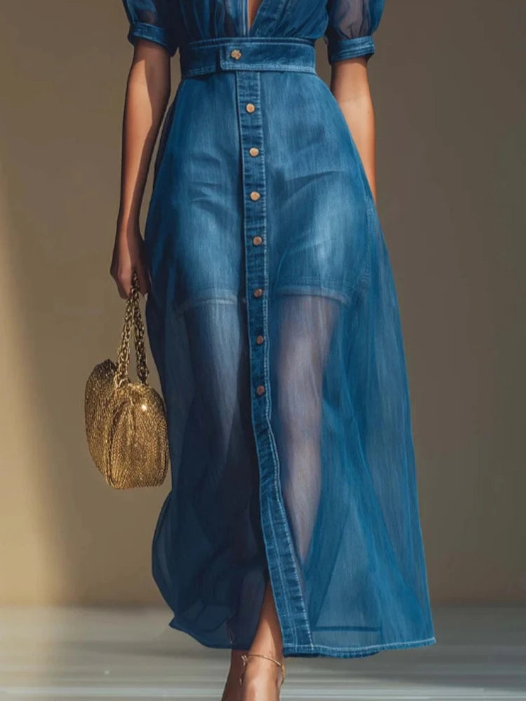 Vestido Longo em Ganga com Gola Lapela e Cinto - Veron&Co