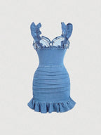 Vestido em Ganga com Folhos e Sem Mangas - Veron&Co