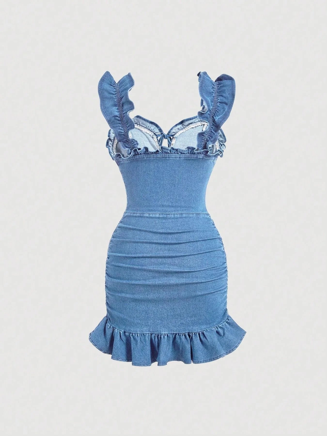 Vestido em Ganga com Folhos e Sem Mangas - Veron&Co