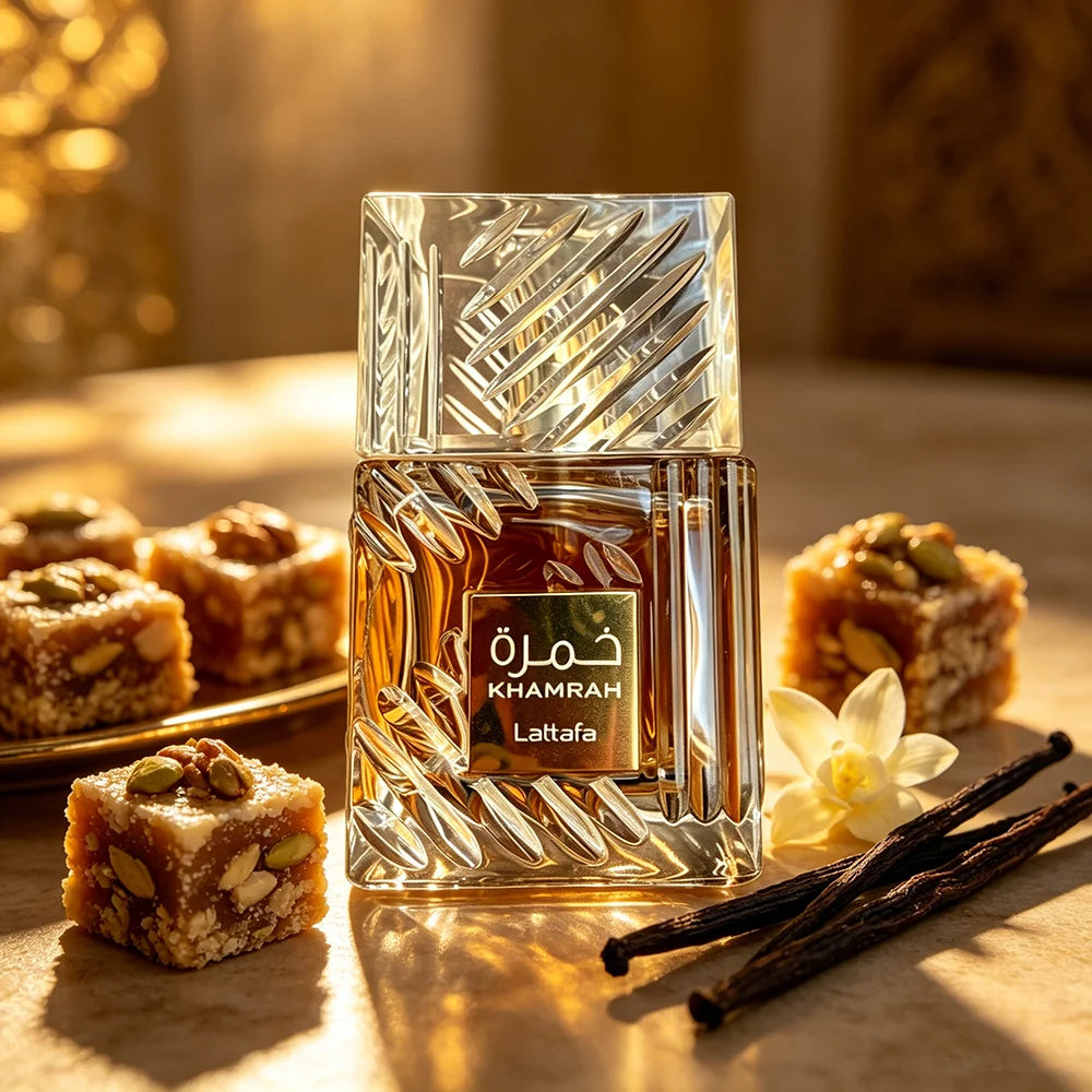 Detalhe do frasco Lattafa Khamrah 100ml, acabamento dourado