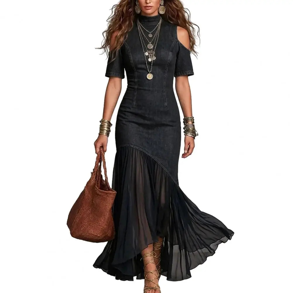 Vestido Longo em Ganga com Pregas e Inspiração Vintage - Veron&Co