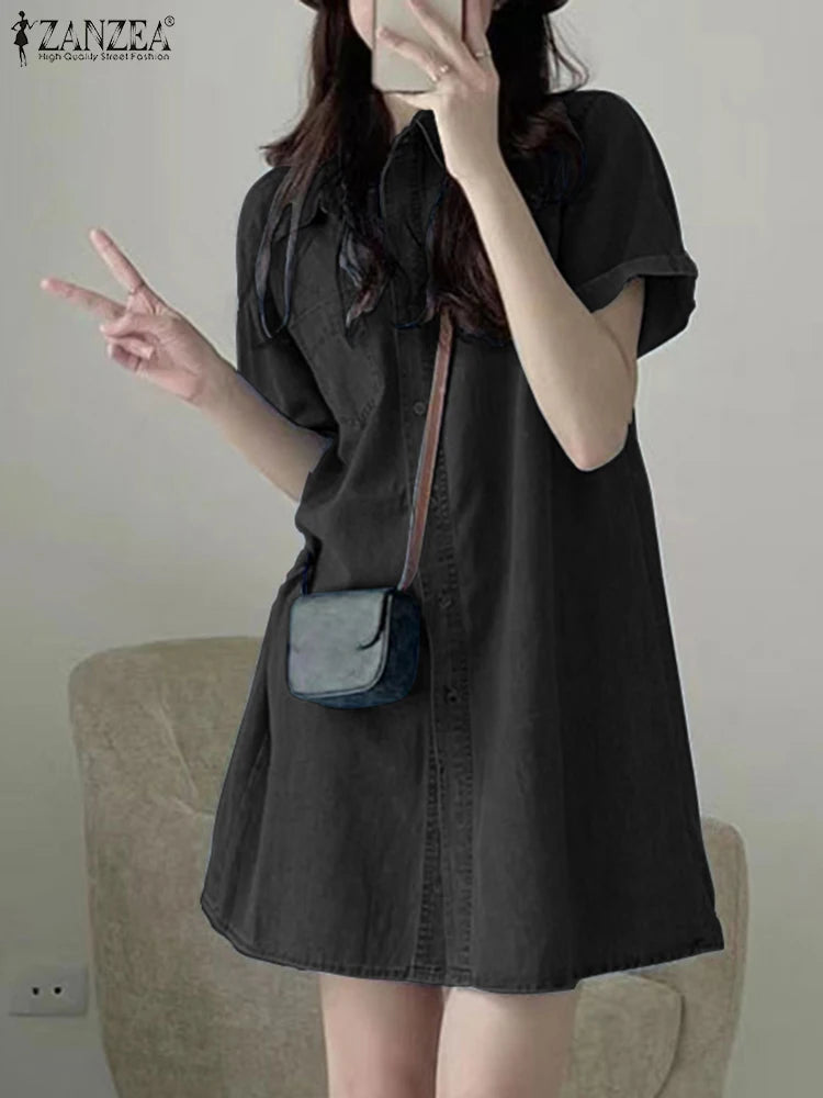 Vestido em Ganga com Corte Camiseiro e Gola Lapela - Veron&Co