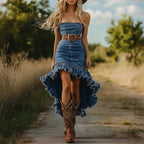 Vestido em Ganga com Folhos e Corte Justo - Veron&Co