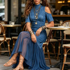 Vestido Longo em Ganga com Pregas e Inspiração Vintage - Veron&Co