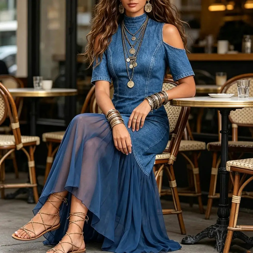 Vestido Longo em Ganga com Pregas e Inspiração Vintage - Veron&Co
