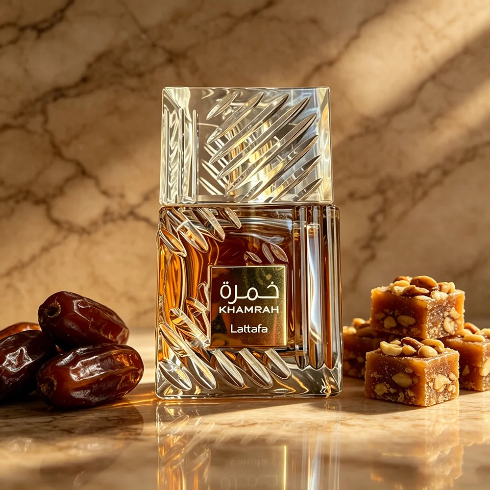 Frasco de perfume Lattafa Khamrah 100ml, vista lateral