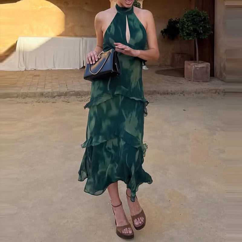 Vestido Longo com Recortes Vazados e Folhos - Veron&Co