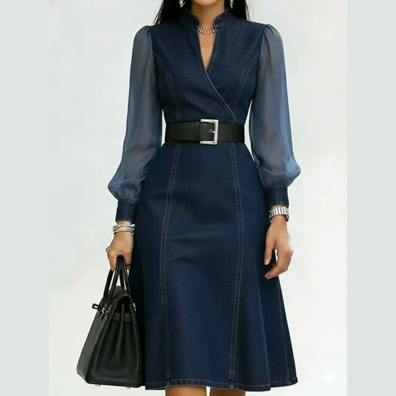 Vestido com Decote em V e Manga Comprida - Veron&Co