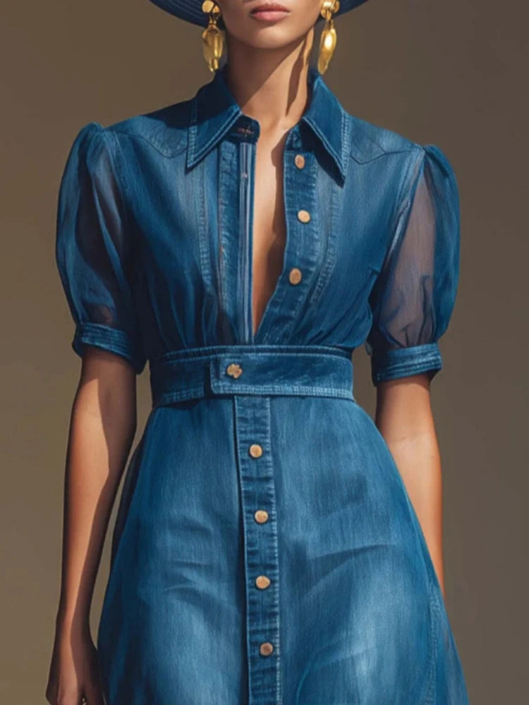 Vestido Longo em Ganga com Gola Lapela e Cinto - Veron&Co