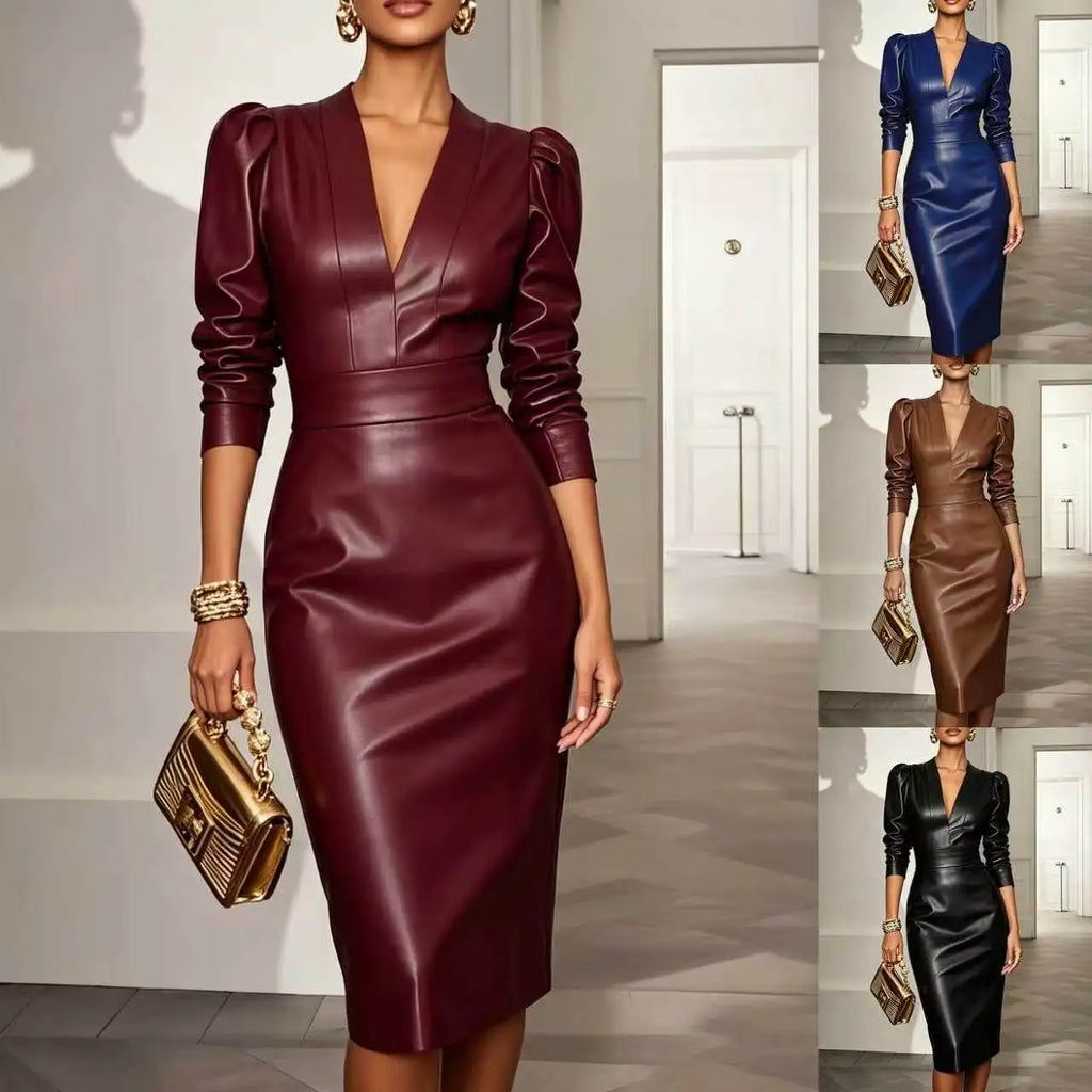 Vestido em Pele com Corte Justo e Manga Comprida - Veron&Co