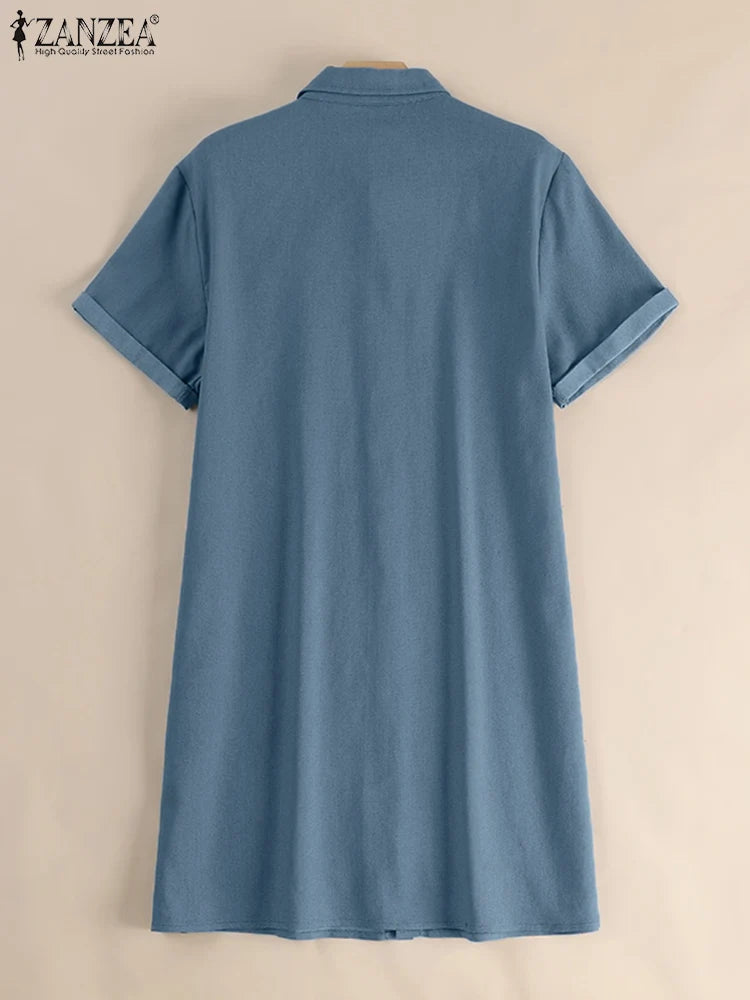 Vestido em Ganga com Corte Camiseiro e Gola Lapela - Veron&Co