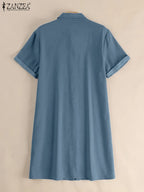 Vestido em Ganga com Corte Camiseiro e Gola Lapela - Veron&Co