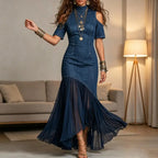 Vestido Longo em Ganga com Pregas e Inspiração Vintage - Veron&Co