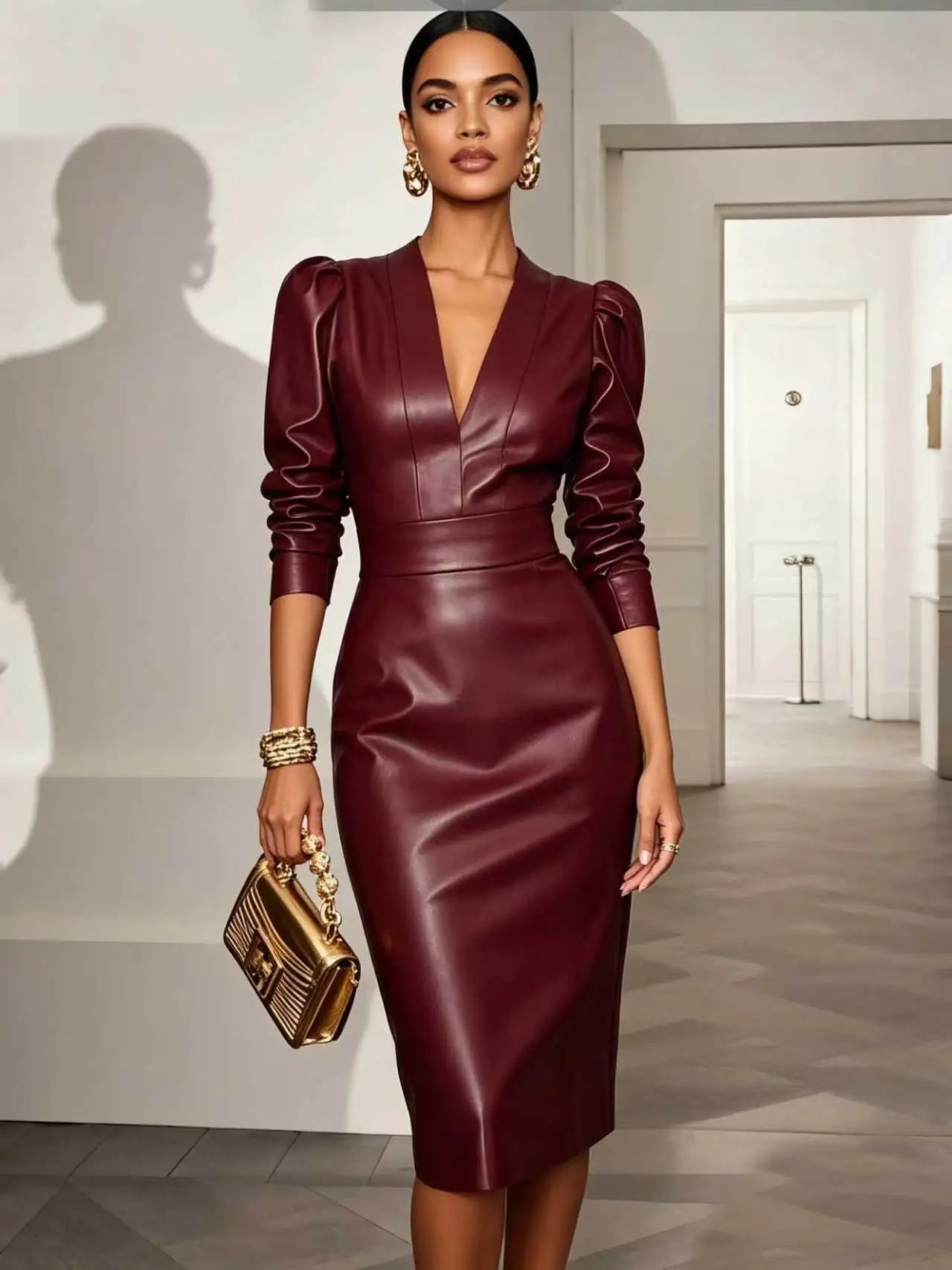 Vestido em Pele com Corte Justo e Manga Comprida - Veron&Co
