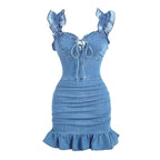 Vestido em Ganga com Folhos e Sem Mangas - Veron&Co