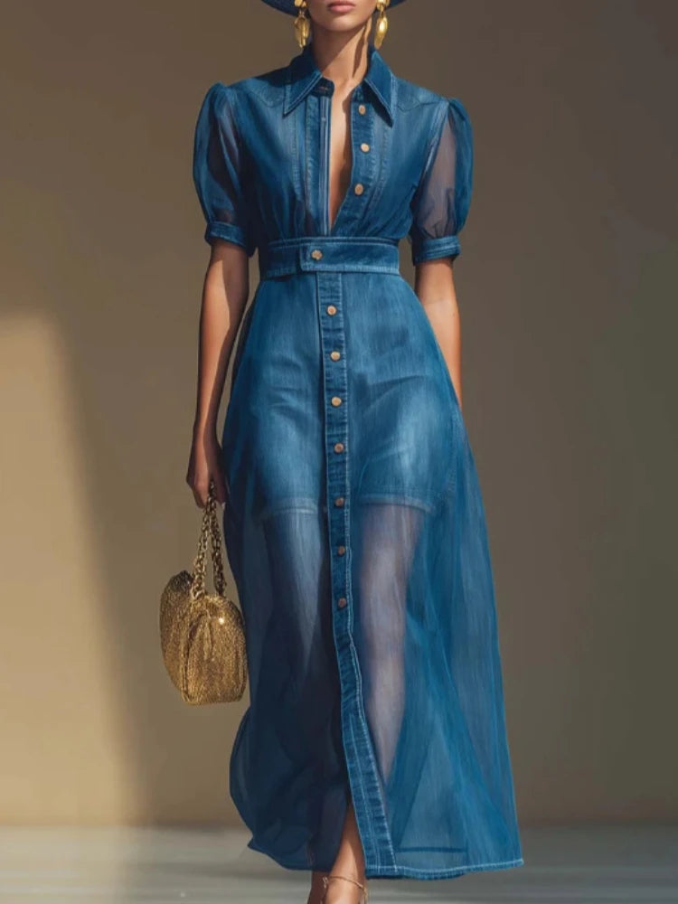 Vestido Longo em Ganga com Gola Lapela e Cinto - Veron&Co