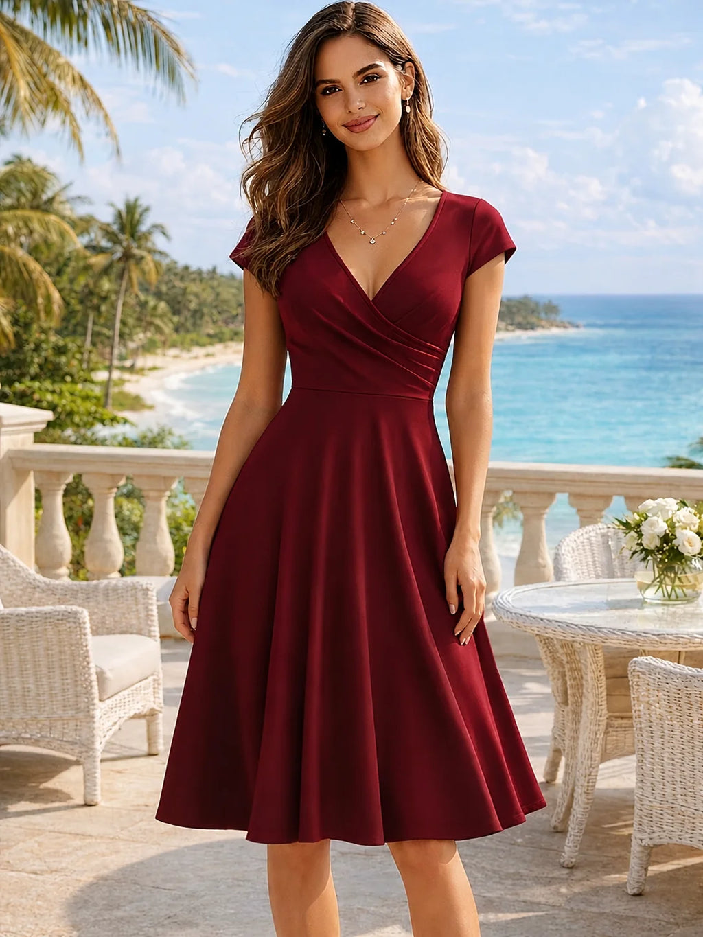 Vestido Midi com Decote Redondo e Corte Evasê - Veron&Co