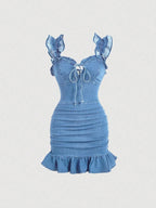 Vestido em Ganga com Folhos e Sem Mangas - Veron&Co