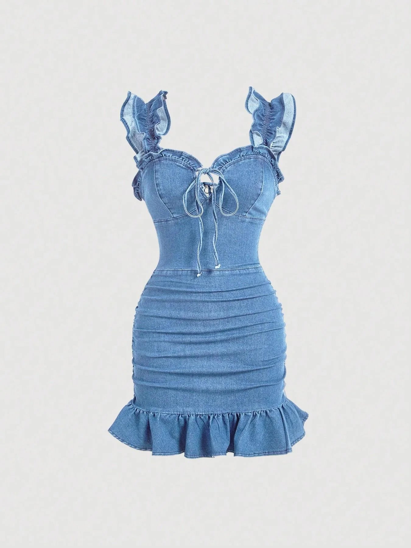 Vestido em Ganga com Folhos e Sem Mangas - Veron&Co