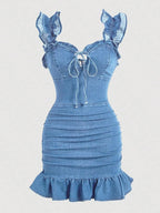 Vestido em Ganga com Folhos e Sem Mangas - Veron&Co