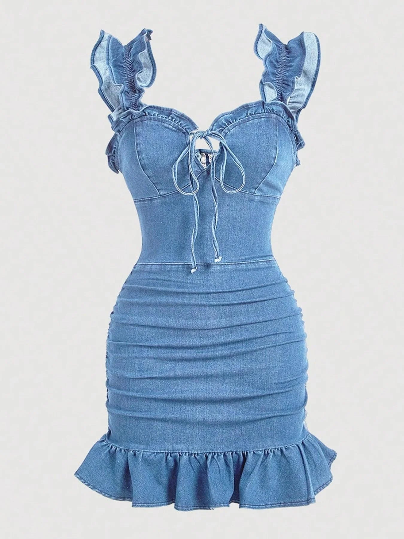 Vestido em Ganga com Folhos e Sem Mangas - Veron&Co