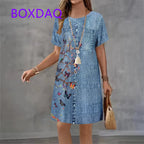 Vestido Curto em Ganga com Estampado e Manga Curta - Veron&Co