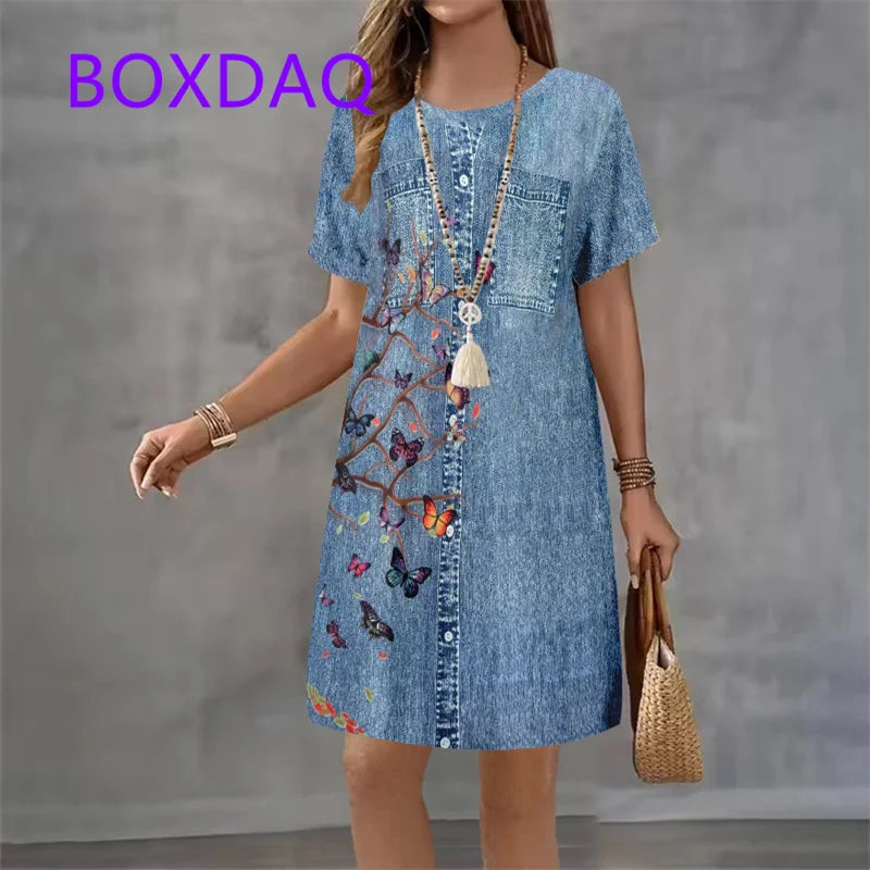 Vestido Curto em Ganga com Estampado e Manga Curta - Veron&Co