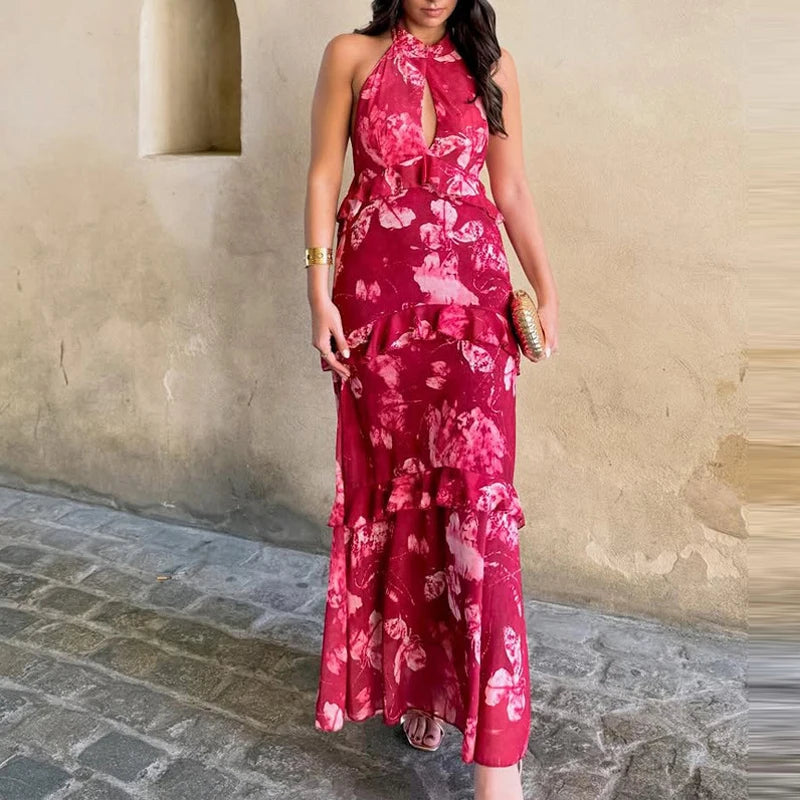 Vestido Longo com Recortes Vazados e Folhos - Veron&Co