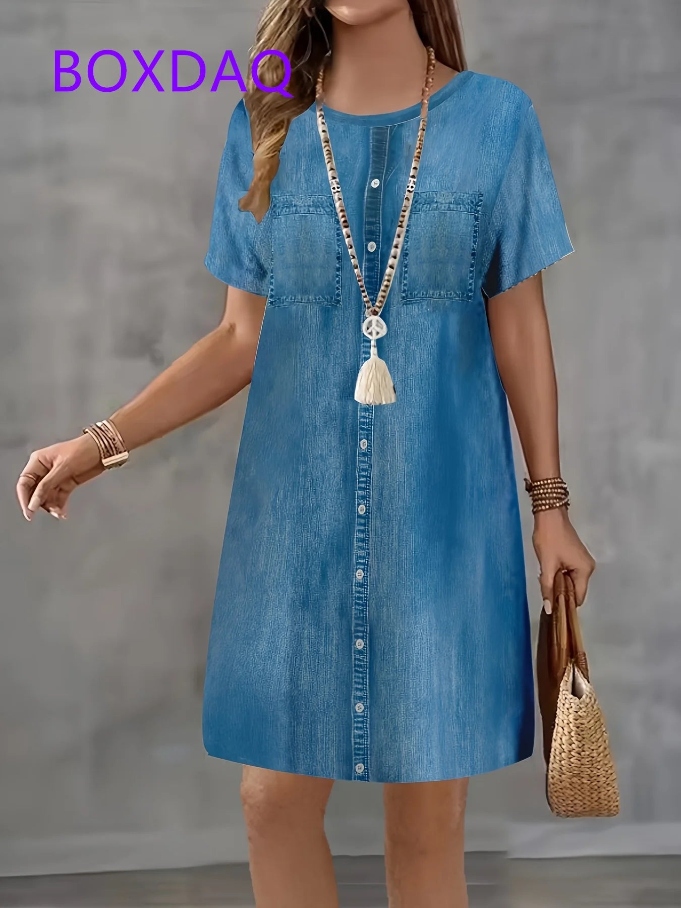 Vestido Curto em Ganga com Estampado e Manga Curta - Veron&Co