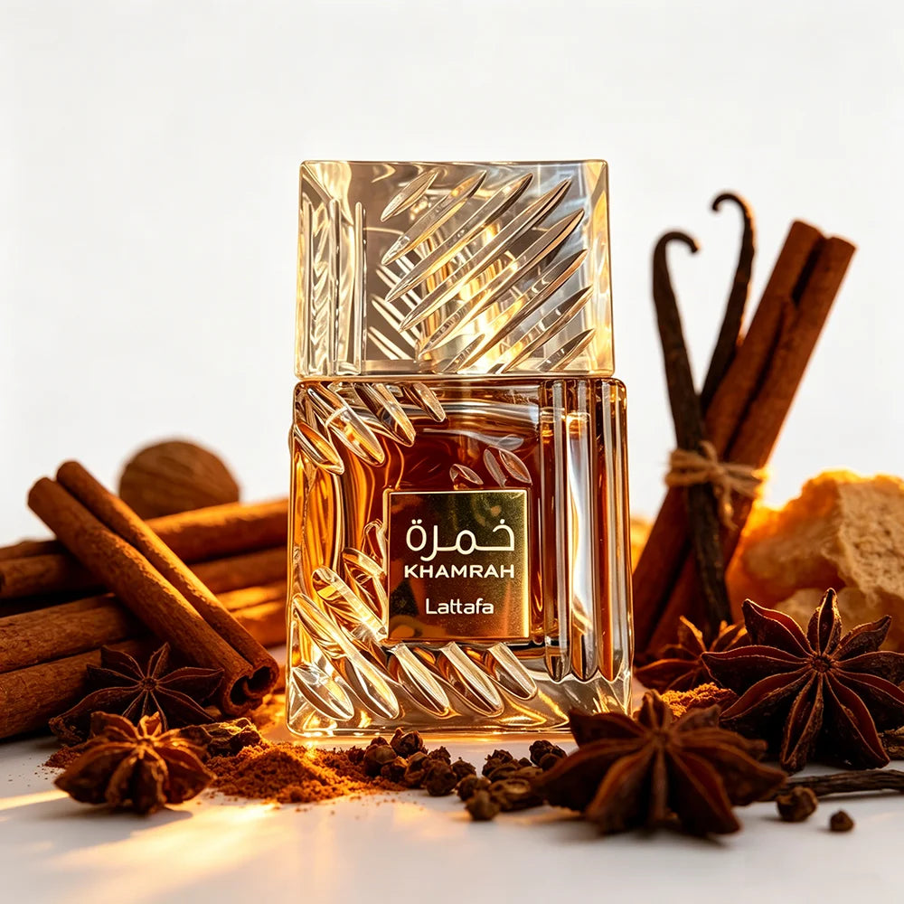 Frasco de eau de parfum Lattafa Khamrah 100ml, vista frontal